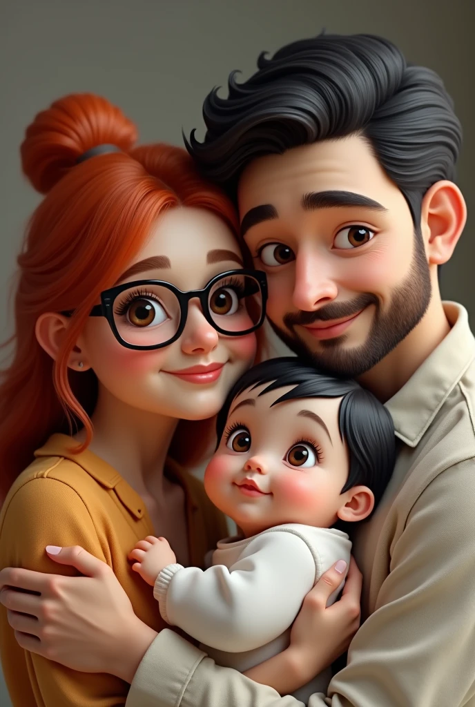 White-skinned woman with red hair and brown eyes wearing glasses hugging a light-skinned man with a beard and black hair with a slightly large nose and brown eyes ,carrying a 10-month-old baby with white skin, black hair and big eyes 