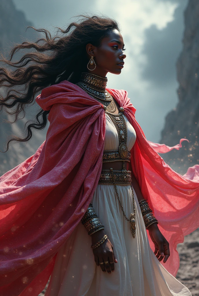 A Black Woman Sorceress of Storms, Clothes in the colors White, Red and Pink, Eyes shining with magical rays, tribal clothing, a red colored colat that shines with magical rays, Iansã's Witch