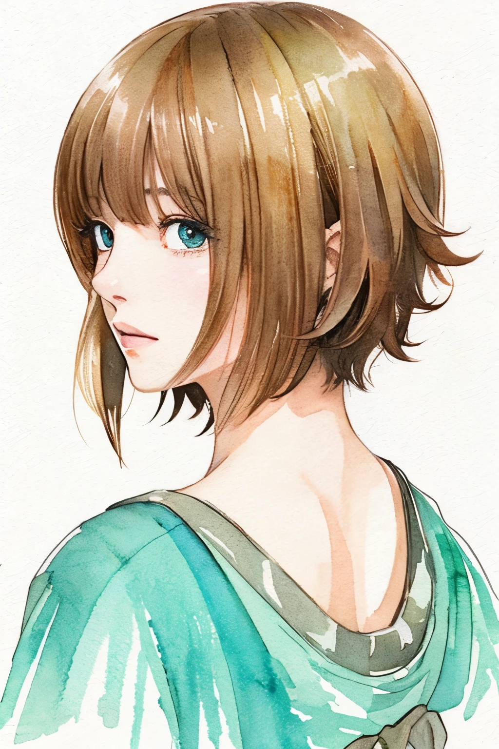 Watercolor、(Illustration style)、(Showa Anime)、(highest quality)、extra short length Hair, hazel brown hair color
