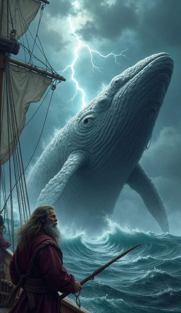Illustration d'une scène épique en pleine mer, où le capitaine Achab se tient à l'avant du *Pequod*, brandissant un harpon avec une expression de rage déterminée. Devant lui, Moby Dick, une baleine cachalot blanche gigantesque, surgit des vagues avec une puissance terrifiante. L'eau éclabousse autour d'eux, et le ciel est sombre, menaçant, avec des nuages tourbillonnants et des éclairs illuminant la scène. Chaque détail de la baleine doit montrer sa force colossale et son mystère, tandis que le navire semble minuscule en comparaison.