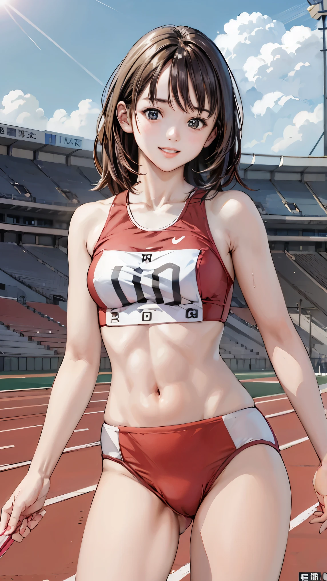  (Three Girls)、(Athletics Stadium、truck),、smile、The men are laughing、、Long Hair、They hesitate,、Wet Hair,  Underarm, Mid-chest, Realistic butt crack , (High color saturation:1.0),  (Very detailed肌), (Highest quality:1.0), (Ultra-high resolution:1.0) ,(Realistic:1.0), (Very detailed:1.0), (8k, RAW Photos:1.1)、Center of chest、Spread your legs、Yoshizuki Iori、Running with a relay baton、(White Athletics Uniform)、(Front view)