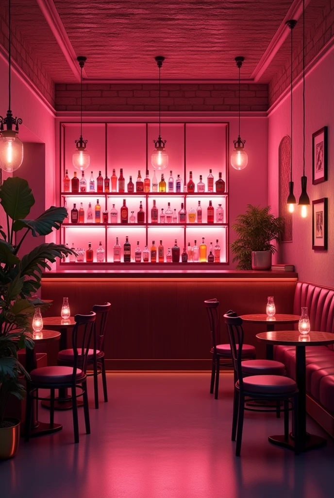 A background of a bar with pink tones