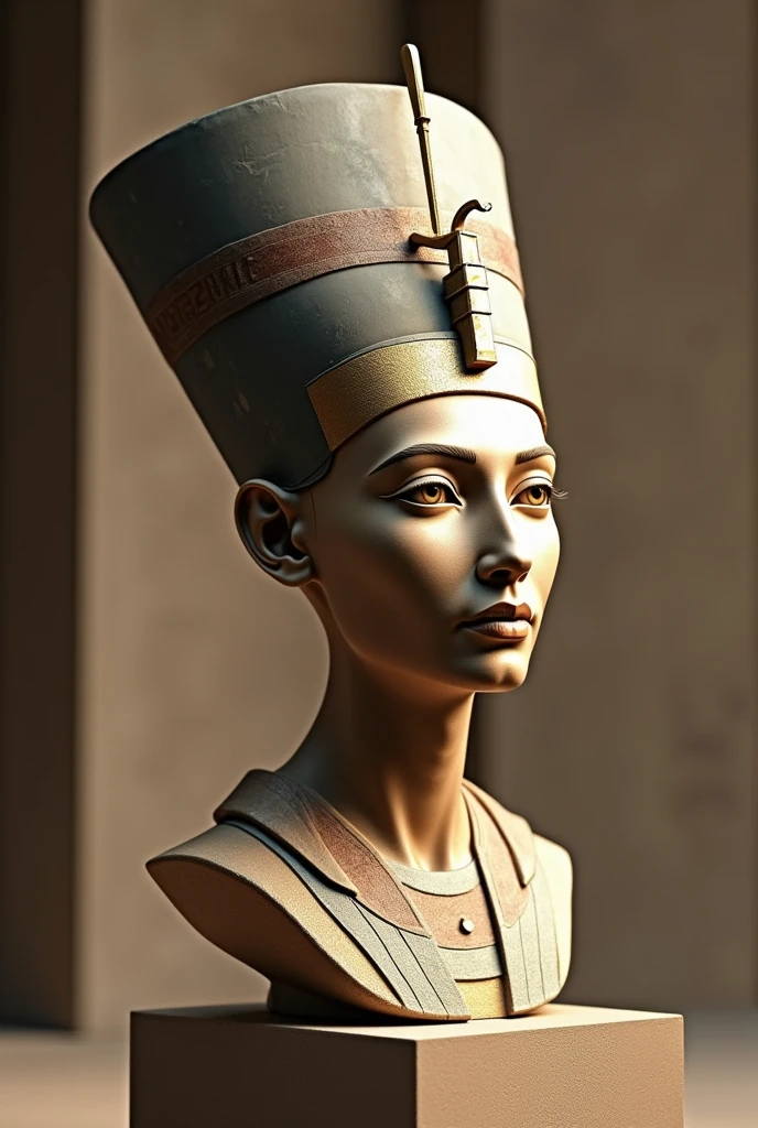 Make a reinterpretation of Nefertiti's bust but change her face to that of an animal