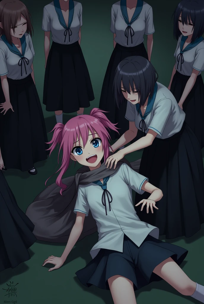 A group of high school girls wearing black long skirts、The boy lying on the floor has his neck grabbed、a bag is placed over his head to suffocate him.。,Girl with pink hair、blue eyes、Twin Drill