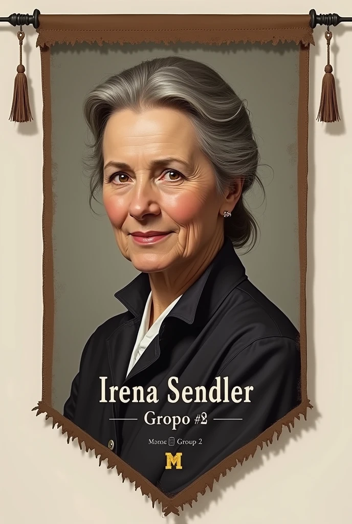 Crea una imagen para un banderín con el nombre de Irena Sendler and un dibujo que la represente and que contenga escrito "Group 2" in Spanish (that has no other words, only those mentioned "Irena Sendler" and "Group 2") (The drawing should be realistic but not occupy the entire pennant.)