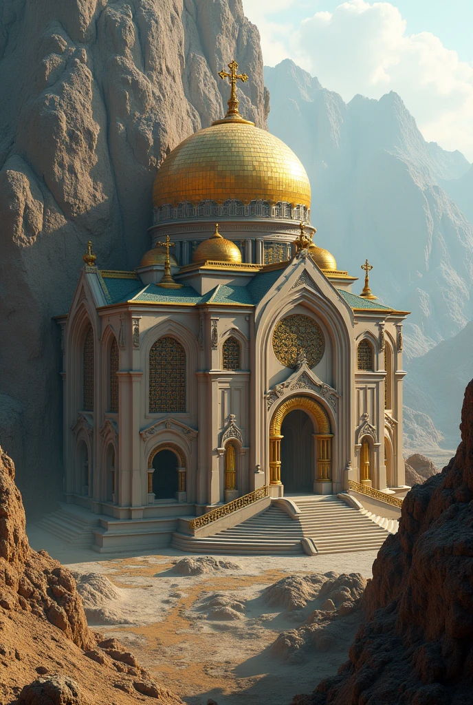 there is a large Ethiopian Orthodox Church building with hemispherical Dom that is built into the side of a mountain, intricate matte painting, matte painting of human mind, digital matte painting, ancient yet futuristic, elaborate matte painting, hyperdetailed 3d matte painting, hyperdetailed 3 d matte painting, extravagant matte painting, epic matte painting, epic cinematic matte painting, matte painting concept art, giant tomb structures