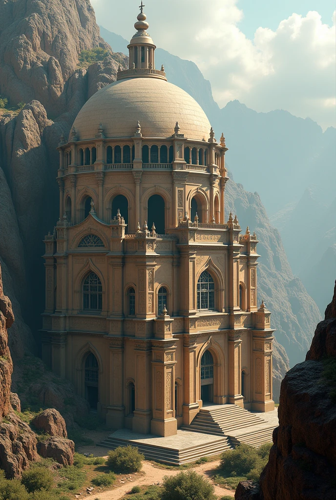 there is a large Ethiopian Orthodox Church building with hemispherical Dom that is built into the side of a mountain, intricate matte painting, matte painting of human mind, digital matte painting, ancient yet futuristic, elaborate matte painting, hyperdetailed 3d matte painting, hyperdetailed 3 d matte painting, extravagant matte painting, epic matte painting, epic cinematic matte painting, matte painting concept art, giant tomb structures