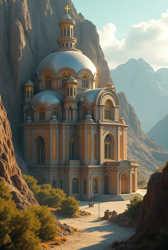 there is a large Ethiopian Orthodox Church building with hemispherical Dom that is built into the side of a mountain, intricate matte painting, matte painting of human mind, digital matte painting, ancient yet futuristic, elaborate matte painting, hyperdetailed 3d matte painting, hyperdetailed 3 d matte painting, extravagant matte painting, epic matte painting, epic cinematic matte painting, matte painting concept art, giant tomb structures