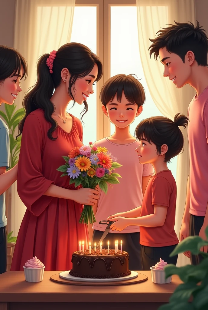 The women waring a red dress with full sleeve hand dress with covered nack and she's holding a flower bouquet and another hand shes cut the chocolate cake she's big brother also there he's waring a ( pink t shirt and black Shorts) he's taller then she happy face and big smile background like a living room and she's family also there sister mom big brother, and nind years old brother Hair Between Eyes, Ponytail, Smile,