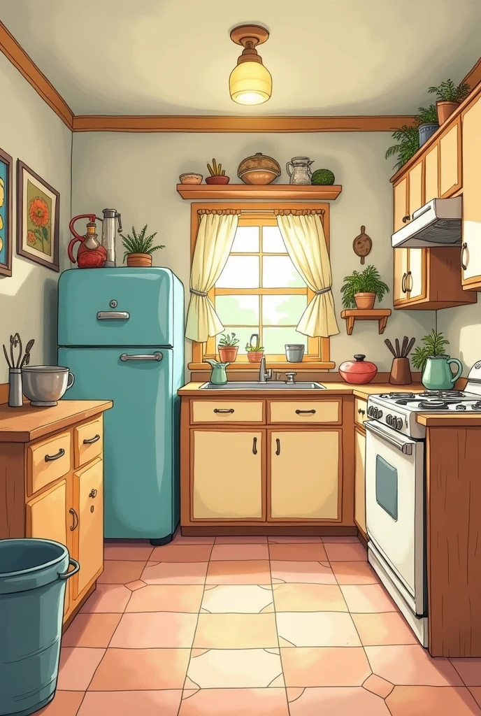 A hand-drawn, colorful illustration with low-saturated colors and a nostalgic feel of an empty family kitchen from the 1980s in the style of illustrator Dan Santat, designed for use in an ebook aimed at children aged 6 to 8.