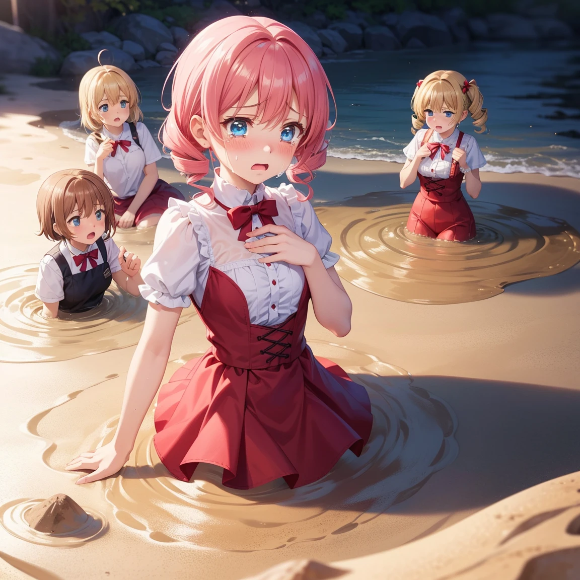 masterpiece, Highest quality, High resolution, (Five Girls), (Multiple Girls:1.5), blush, Anime CG style, Good lighting, sand漠, sand, (quicksand, Partially submerged), (upset, Tears welled up in her eyes), kinomoto sakura, Ai-chan, chest,Girl with pink hair、blue eyes、Twin Drill