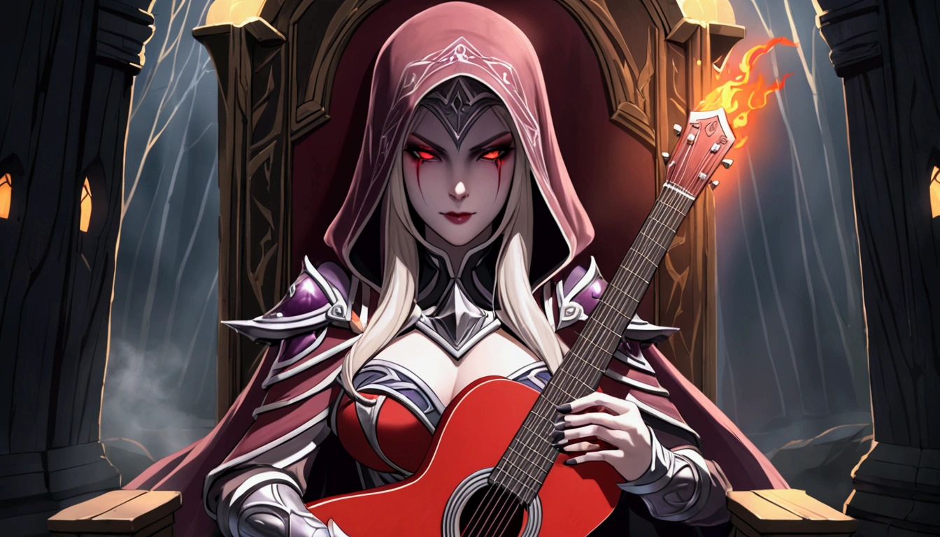 Sylvanas Windrunner, the legendary leader of the Forsaken, sits on a dark wooden throne, surrounded by an aura of mystery and magic. In her hands, she holds a vibrant red guitar, its strings seemingly pulsing with unearthly energy. Her eyes, burning with an otherworldly intensity, stare directly at the viewer, as if daring them to come closer. Her long, white hair falls over her shoulders, framing her pale, ethereal face. Her lips, painted a deep red, curve in an enigmatic smile, as if guarding secrets known only to her. The guitar, which appears to have been created by magical hands, emits an intense red light that illuminates the environment around it. The strings vibrate with an energy that seems almost palpable, as if they are alive and responding to Sylvanas’ touch. In the background, a dark and mysterious mist spreads, as if the night itself is closing in around Sylvanas. The atmosphere is charged with tension and anticipation, as if something is about to happen. The image is a mix of shadows and light, of mystery and magic, capturing the essence of Sylvanas Windrunner as an enigmatic and powerful creature.