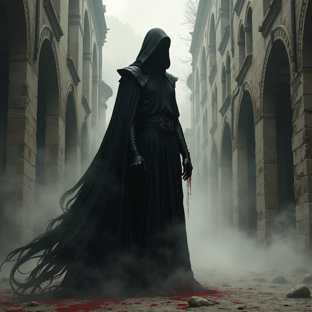 "Design a image inspired by the song 'Bela Lugosi's Dead' by Bauhaus. The image should evoke the gothic and vampiric theme, with a central focus on a stylized, haunting figure resembling a vampire, draped in flowing, tattered garments. The background could feature a decaying, ancient castle with mist swirling around. Use a monochromatic color scheme with deep blacks, whites, and touches of blood red to highlight the themes of immortality and the seduction of the unknown."