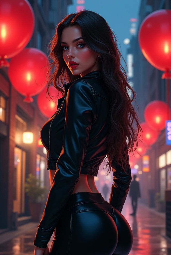 beautiful young happy very beautiful girl, blue charming eyes, red lips, sophisticated face, medium size prominent bust and ass, brown black long hair, black leather jacket and black very tight sports leggings,shot from behind, reet in a night city, red ballons,(airbrush painting, detailed style), soft lighting, 8k