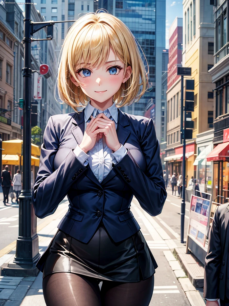 Anime style, super fine illustration, highly detailed, beautiful detailed, perfect detailed, super high quality image, static representation, gentle expression, happy expression, the pretty image, super stylish, 8k, beautiful face, handsome face, perfect & pretty 1girl with blonde straight short hair & blue eyes & a bright smile & full bust & soft fair skin is a female supervisor who is not to show her skin wearing big light blue business shirt & black summer tailored jacket & black tight skirt & black pantyhose on the urban business buildings street, in the morning, solo, perfect fingers, no more fingers, no less fingers, perfect arms, no more arms, perfect legs, no more legs, no more hair, masterpiece.