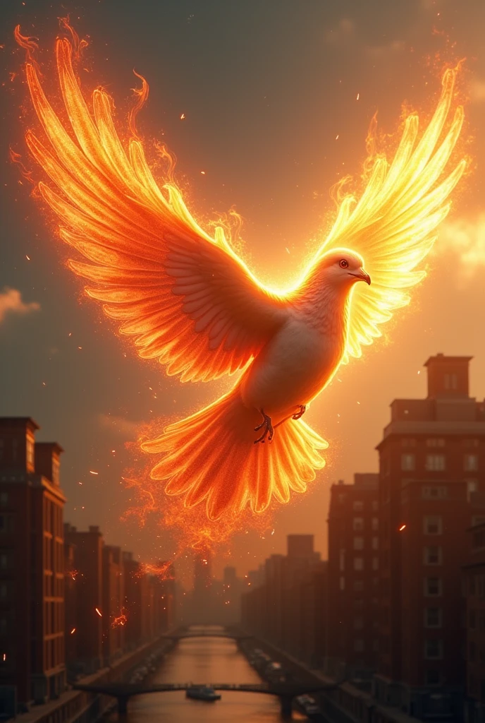 A dove like the Holy Spirit, in the color of fire, flying over buildings on Governor&#39;s Island 
