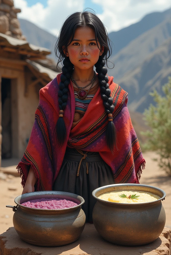 Imagen 2D , from a countrywoman from the Peruvian mountains, with two braids, A traditional blanket is draped over her shoulders. In front of her are two pots filled with purple porridge and the other with Peruvian rice pudding., The pots are those large aluminum ones