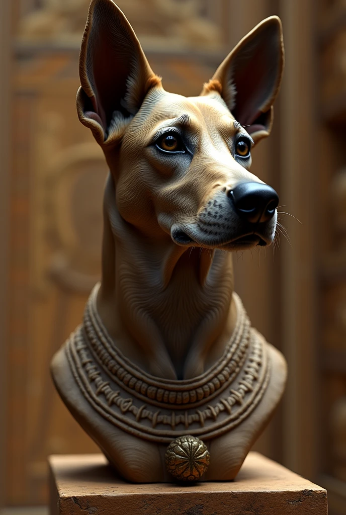 Make a reinterpretation of Nefertiti's bust but change her face to that of a dog
