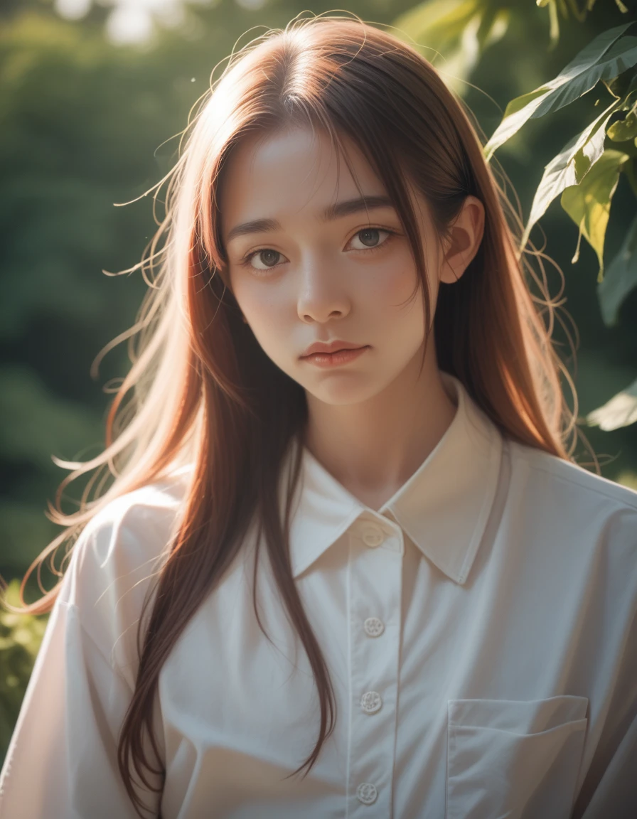 Capture an intimate long shot of the subject against a natural backdrop, cinematic depth, Leverage the 8K resolution for ultra-high detail in facial expressions and surrounding elements, Employ subtle pastel hues to evoke a sense of elegance,