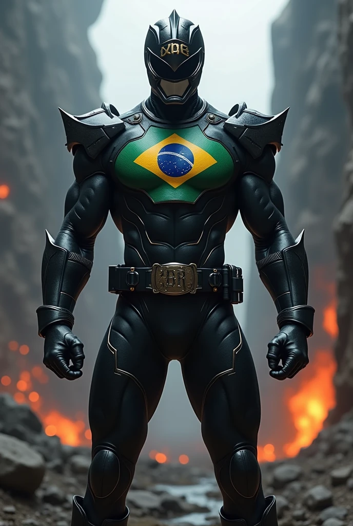 Make the Power Ranger black with the acronym XBR on the forehead and the Brazilian flag on the chest