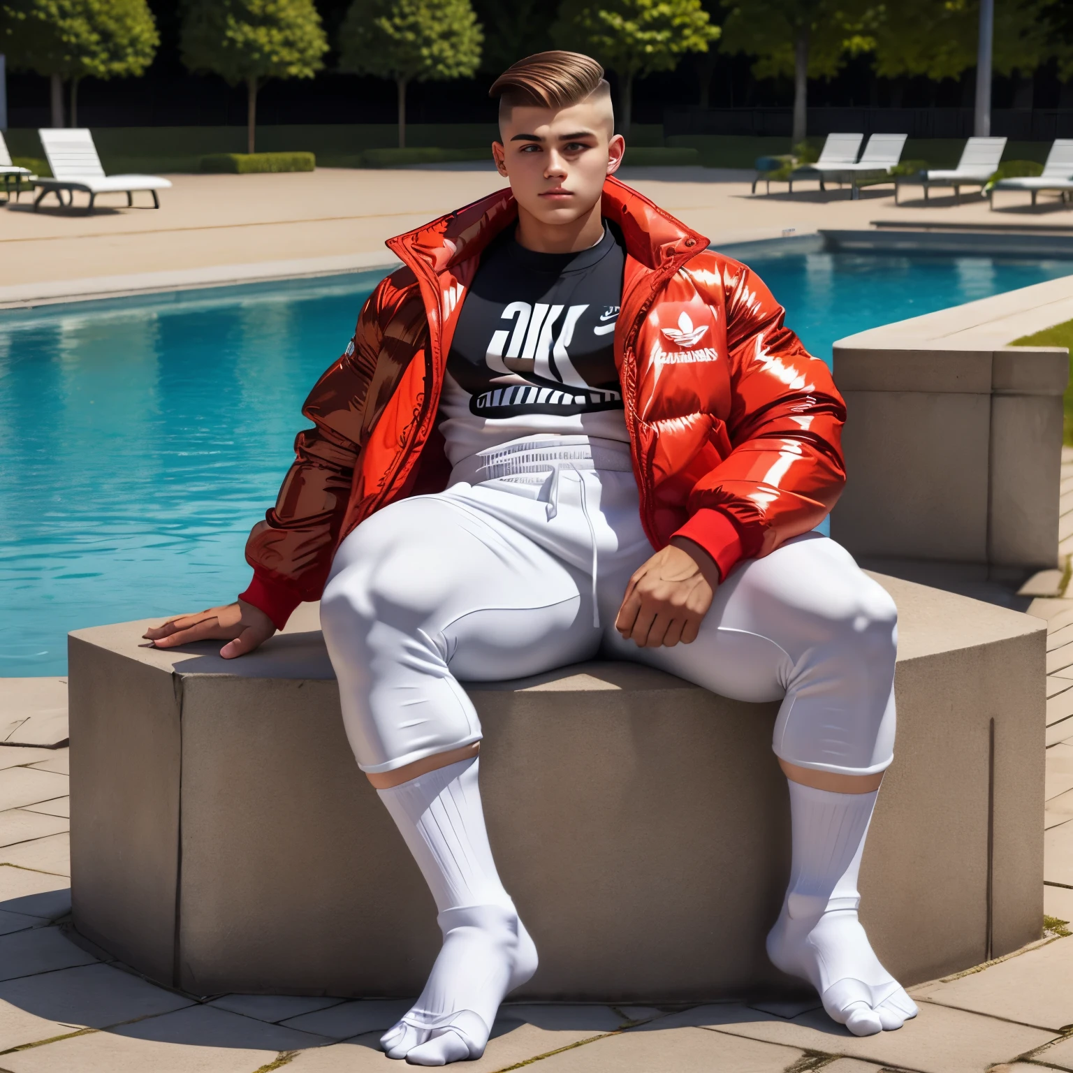 full view age arrogant chubby white european chav 15 yo boy, with styled clean shaved brown undercut haircut, wearing Nike white socks, golden sovereign rings, adidas black nylon tight trackie pants, in puffy Canada Goose shiny over-inflated down jacket in transparent red PVC like a pool buoy, sitting in his white socks on a stone bench, showing off his white Nike socks, looking around, street evening, young chavs in different styles of outfits passing behind