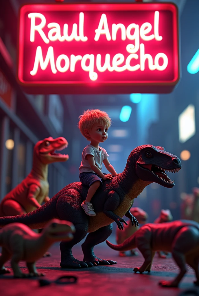A big neon sign that reads "Raul Angel Morquecho" and under the sign a little kid, blond hair, thin face, thin frame, playing with dinosaurs figures and the child is riding a big t-rex dinosaur