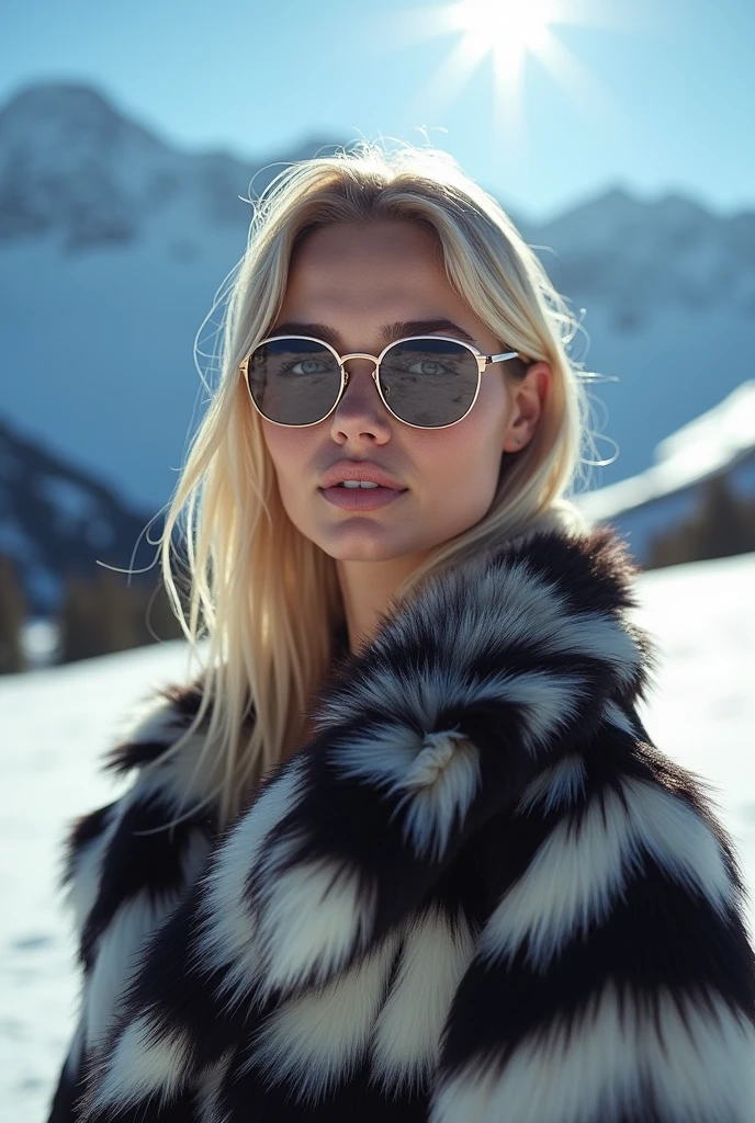 Margot Robbie, a 2 girl with very striking features. She has fair skin with visible freckles, light blue eyes and full lips. Her hair is straight and loose, blonde and long., your nose is very delicate and well defined , her facial expression is serene and confident and the soft lighting highlights her features. a sophisticated woman posing against a stunning backdrop of snow-capped mountains, Under a deep blue sky. She is wearing a luxurious faux fur coat, with a black and white pattern reminiscent of the contrast of shadows on the mountains in the background. The coat is voluminous and draws attention, offering both style and warmth against the cold of the environment. She wears trendy sunglasses with mirrored lenses., that reflect the intense brightness of the sun on the snow, complementing the glamorous look . The surrounding environment is vast, with mountain peaks rising against the clear sky, while the sun shines brightly, creating a halo of light around the scene.