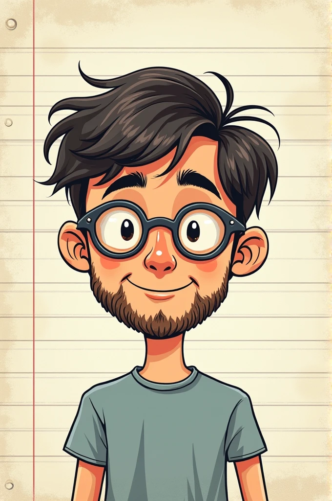Create a colorful, minimalist cartoon-style illustration, as if it had been hand-drawn on an unlined notebook sheet. The drawing must capture a photograph of a young adult between the ages of 18 and 21., sem beard, with short hair, slightly dark skin, with glasses, cabelo curto com franja, with simple and light lines, soft colors and minimal details, reflecting the casual, spontaneous style of a doodle made with pen or colored pencil. The proportions must be cartoonish, with simplified characters and objects and exaggerated expressions to give a fun and expressive touch. The texture of the notebook paper must be visible in the background., no lines, to reinforce the feeling of a colorful homemade sketch.