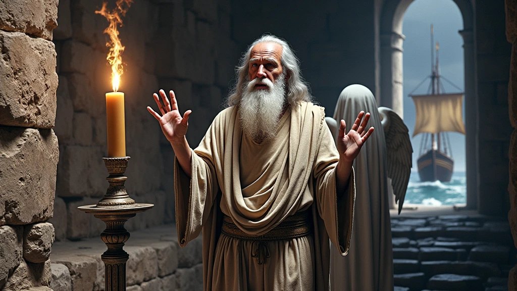 A captivating and beautiful cinematic scene, the year is 2000 BC, an elderly man of Hebrew descent, his name is John, apostle of Jesus Christ, clothes is a tunic from the time of the Roman Empire, the man is 7, long white hair, big, well-groomed white beard, is imprisoned in a Roman prison inside a rocky cell , just a big window with where the landscape is a beautiful sunny day, in the waves of the sea, a large ship with a Roman flag passes in the background of the window, standing full length with his hands raised to the heavens , he receives a visit from a beautiful angel with white wings and golden clothes , her clothes are of fine white linen, a red tunic accompanies covering his head, a candlestick is lit next to you ,the cell and the prison is illuminated by the sun.
