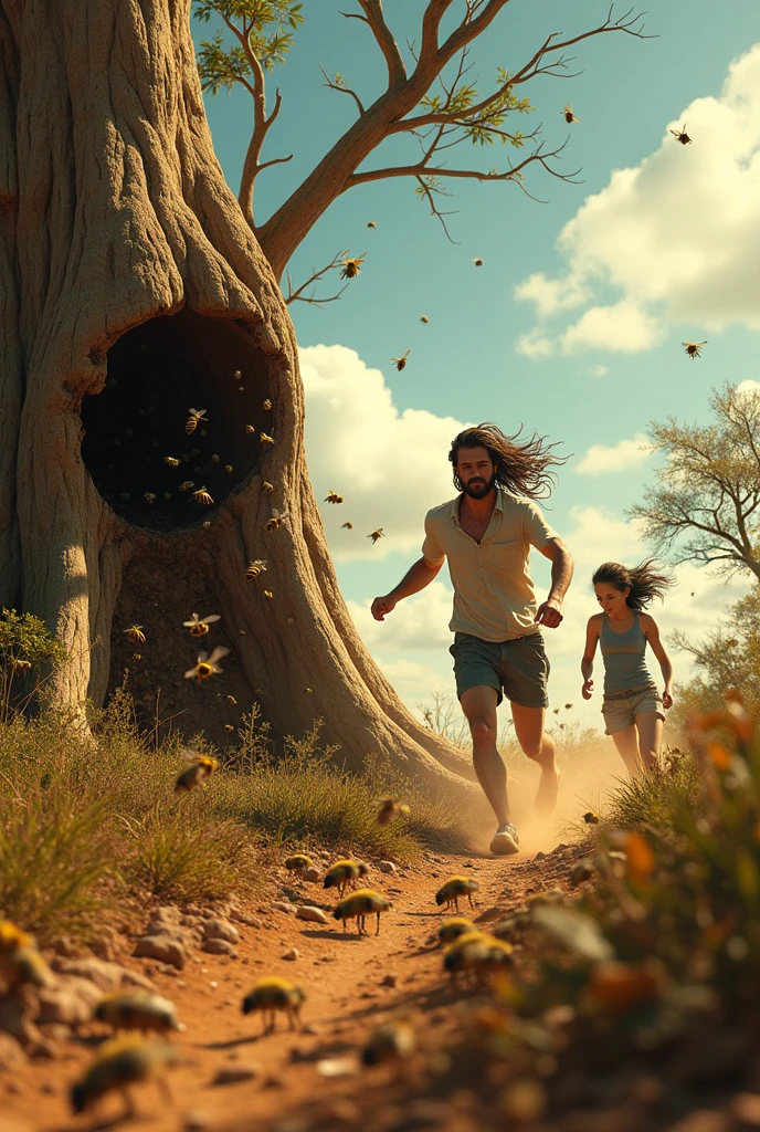 A tall man and a woman with long hair, running away from bees after they threw a rock at the hive. The hive is stuck in a tree stump. Realistic image in Caatinga vegetation.
