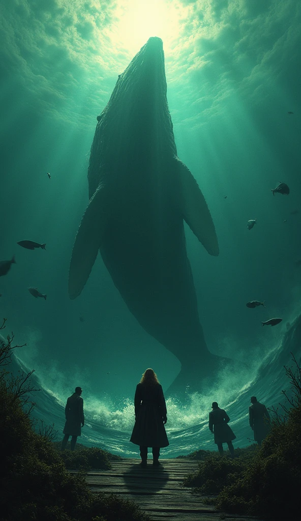 Représente Moby Dick plongeant dans les profondeurs de l'océan, sa massive queue disparaissant dans l'obscurité bleue et verte des eaux profondes. Les rayons de lumière du soleil pénètrent faiblement la surface, créant une atmosphère mystique. Le capitaine Achab, debout à la proue du *Pequod*, regarde fixement l'endroit où la baleine a disparu, son visage marqué par une expression d'obsession et de frustration. Autour de lui, l'équipage est figé, témoin de cette confrontation entre l'homme et l'inconnu, avec des détails comme des algues et des créatures marines en arrière-plan.