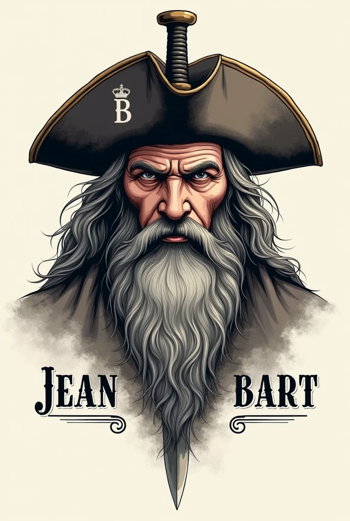 Logos de marque de prêt-à-porter ; visage d'un corsaire avec une barbe longue et de long cheveux grisonnant ; avec un chapeau de corsair usé ; tenant une épée qui traverse l'image ; des initiales JB ; le nom Jean-Bart inscrit en bas d'images