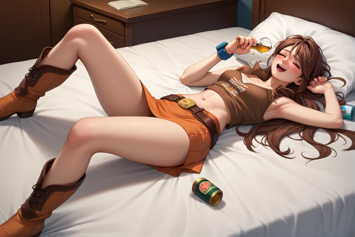 Japanese beauty naked,Fa Yuiri,Belt with pouch on waist,Western Boots,Watch on wrist,Being drunk,Open your eyes,Cans of beer,Drunk,Strong hiccups,sad,indoor,Above the knee shot,Lying in bed,Ultra-high resolution,16K