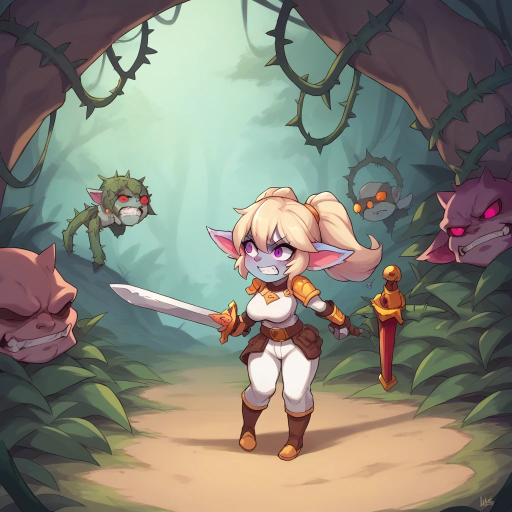 Profile, thorn forest, poppylol, Yordle, small pile, colored skin, rubio_hair, purple_eyes, big breasts, expression of pain, clenching teeth, White suit, white pants, White shirt, sword, bottomless, caught in thorns, path of thorns, wound with blood, looking ahead, leaning forward