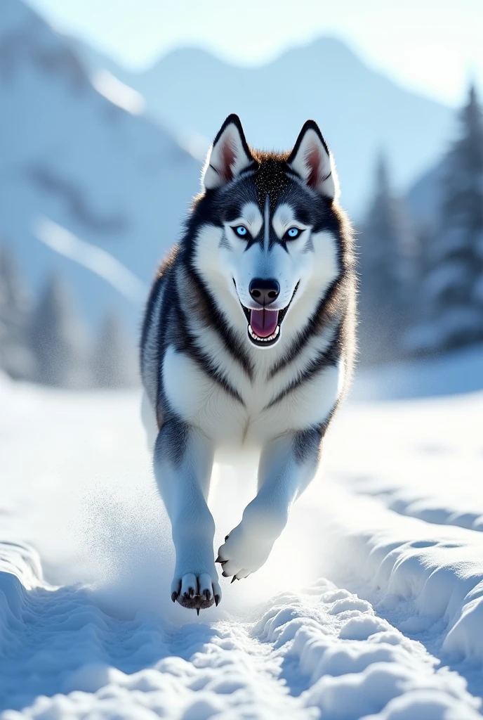 A a husky dog running in snow
