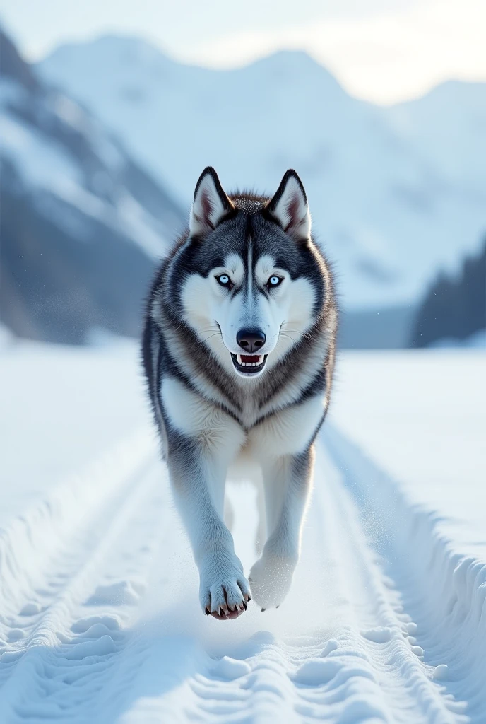 A a husky dog running in snow