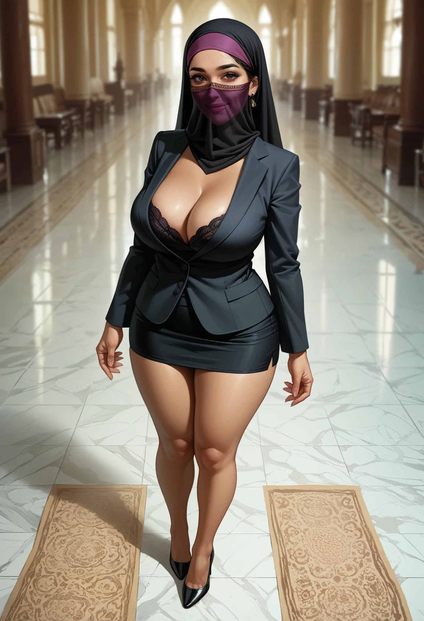 A busty hijabi girl, face veil, Arabic ethnicity, brown skin, Muslim, mature woman, wearing a secretary outfit, purple open shirt, black jacket, mini skirt, brow stocking, a black high heel, silk headscarf, big natural breasts, nice rounded ass, cleavage, sexy, thick hips, beautiful feet, smiling at the viewer, top view, in a corporate environment, taking a picture in reunion room, pc wallpaper, 8k, 4k, wallpaper, full body shot, subject in the middle of the frame