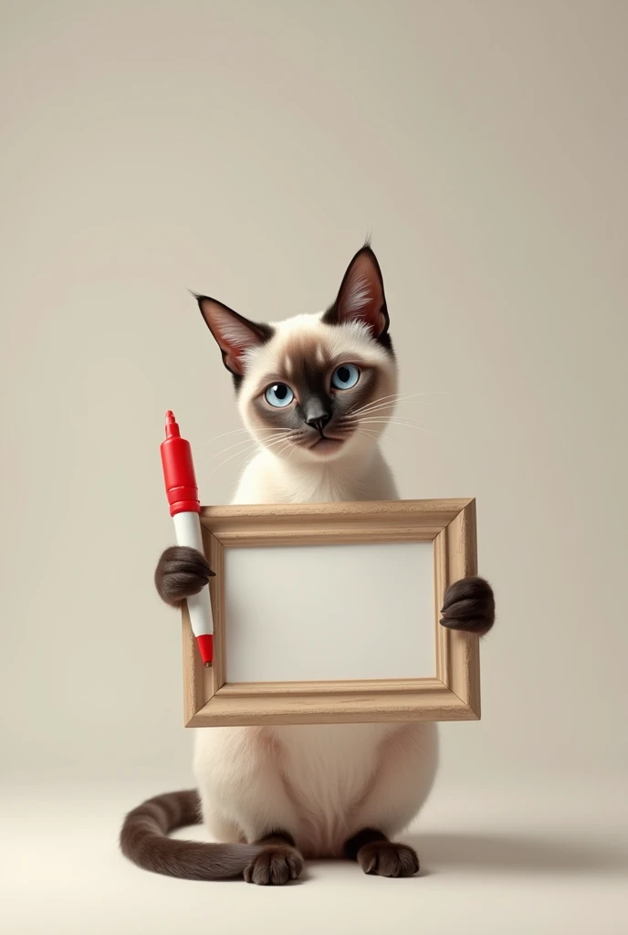 a Siamese cat holding an empty picture frame and also a red marker