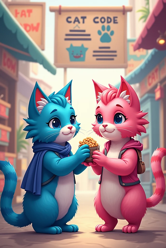 blue cat and the other pink one selling and the background says CAT CODE