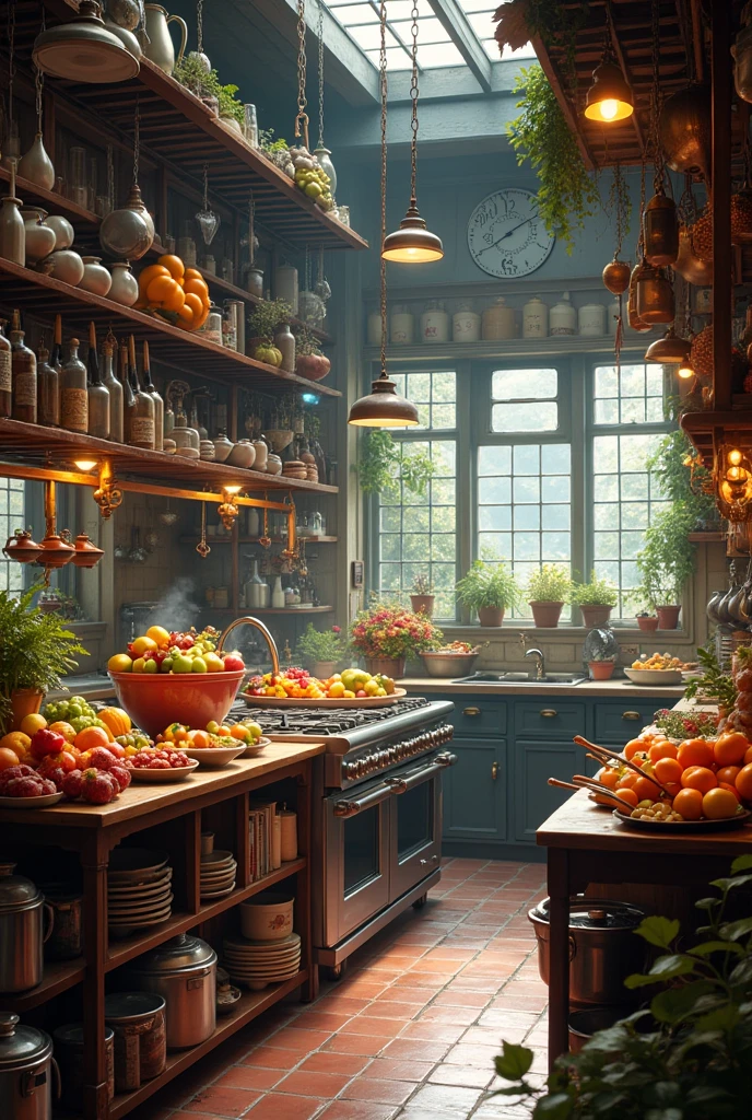 Large kitchen with large counter and colorful fruit bowl, lots of pots and pans and appliances of all kinds