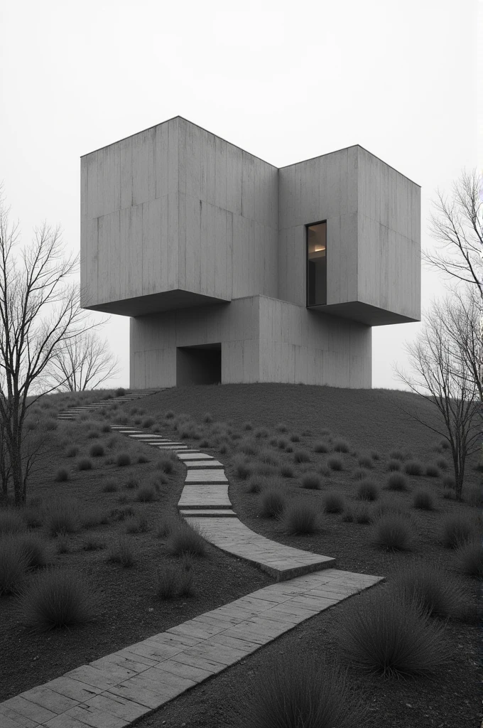 Monochromatic image of a large two-story structure with several large blocks inserted into a hill surrounded by some sparsely leafed trees