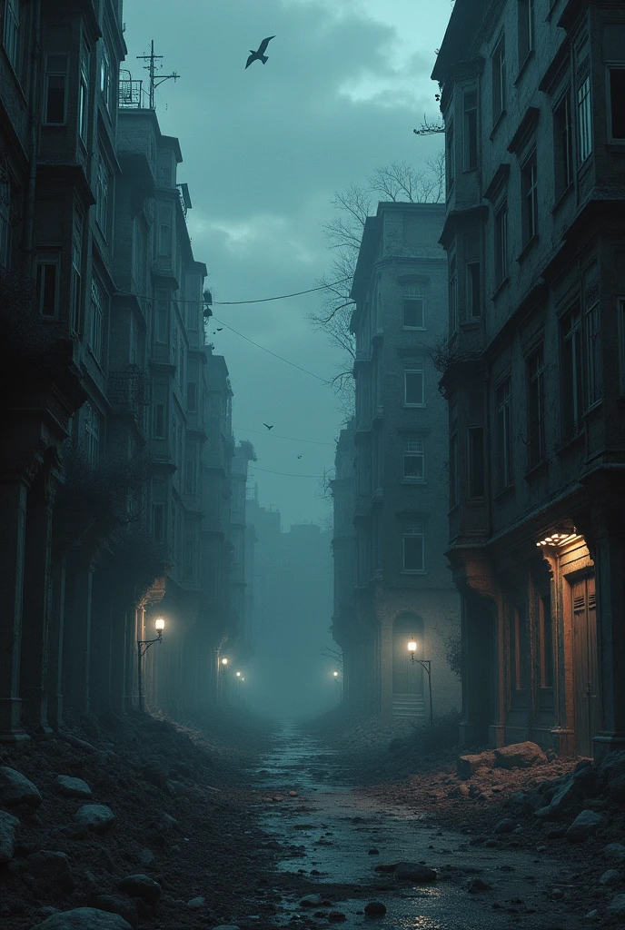 BREAK (masterpiece:1.2), best quality, high resolution, unity 8k wallpaper, (illustration:0.8), (beautiful detailed eyes:1.6), extremely detailed, perfect lighting, extremely detailed CG, City in ruins, houses and buildings, open windows, scary atmosphere, scary deformities shadows looking at the viewer, no humans, solo, empty scenery, night, no humana