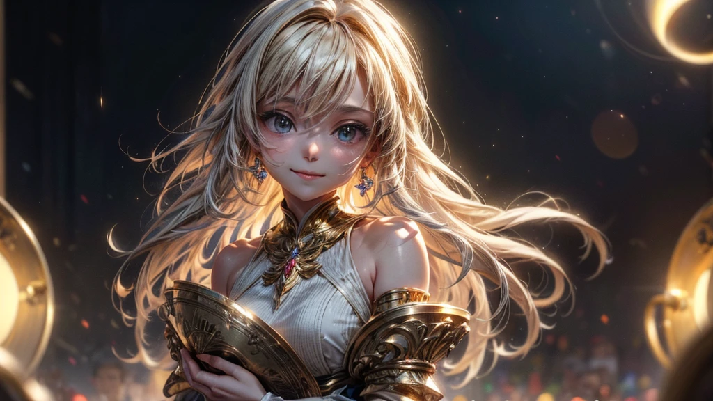masterpiece, best quality, extremely detailed CG unity 8k wallpaper, Award winning. The scene of receiving a gold trophy. smile, bokeh photography, (soft focus):1.2, out-of-focus highlights, dreamy ambiance, glowing circles, mesmerizing depth