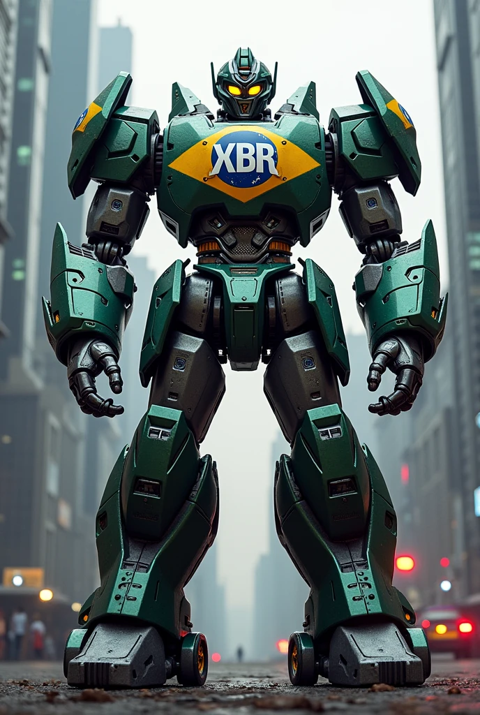 Make the Power Ranger Megazord with the acronym XBR on the forehead and the Brazilian flag on the chest