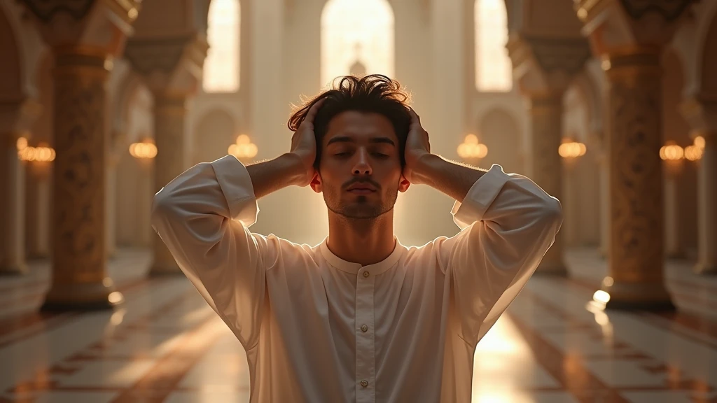 peaceful indoor mosque setting, showing a young Middle-Eastern man in a white traditional prayer garment, standing with both hands raised to his ears in the 'Takbir' position, a calm and focused expression on his face, intricate mosque decor in the background, warm ambient lighting streaming through high windows, capturing the solemnity and spirituality of initiating prayer, 16:9 aspect ratio, hyper-realistic, f/2.8, ISO 200, 50mm lens 