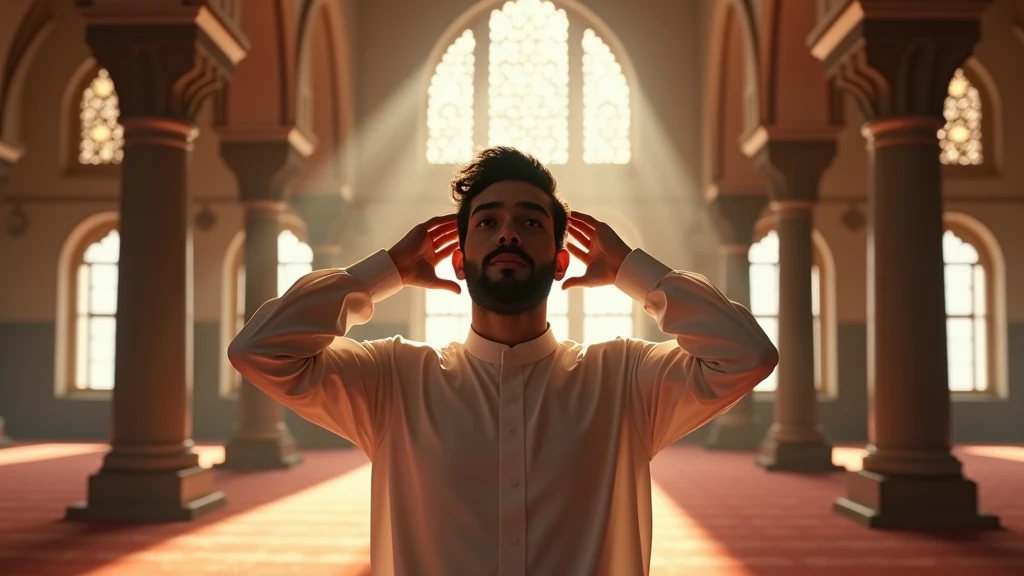peaceful indoor mosque setting, showing a young Middle-Eastern man in a white traditional prayer garment, standing with both hands raised to his ears in the 'Takbir' position, a calm and focused expression on his face, intricate mosque decor in the background, warm ambient lighting streaming through high windows, capturing the solemnity and spirituality of initiating prayer, 16:9 aspect ratio, hyper-realistic, f/2.8, ISO 200, 50mm lens