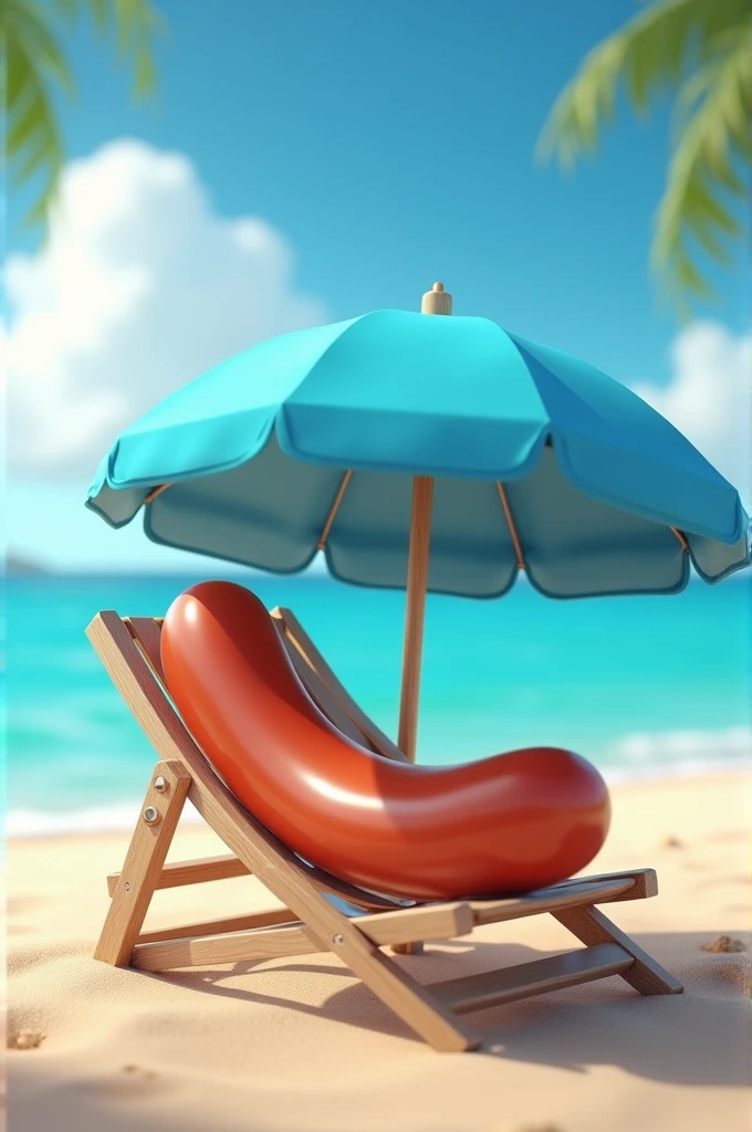 Une saucisse allongée sur un transat au bord de la plage avec un parasol