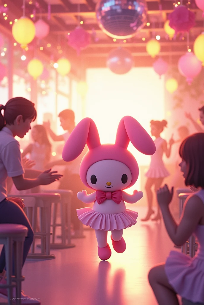A background of a bar in the style of my melody with light pink tones, with good lighting and some people dancing