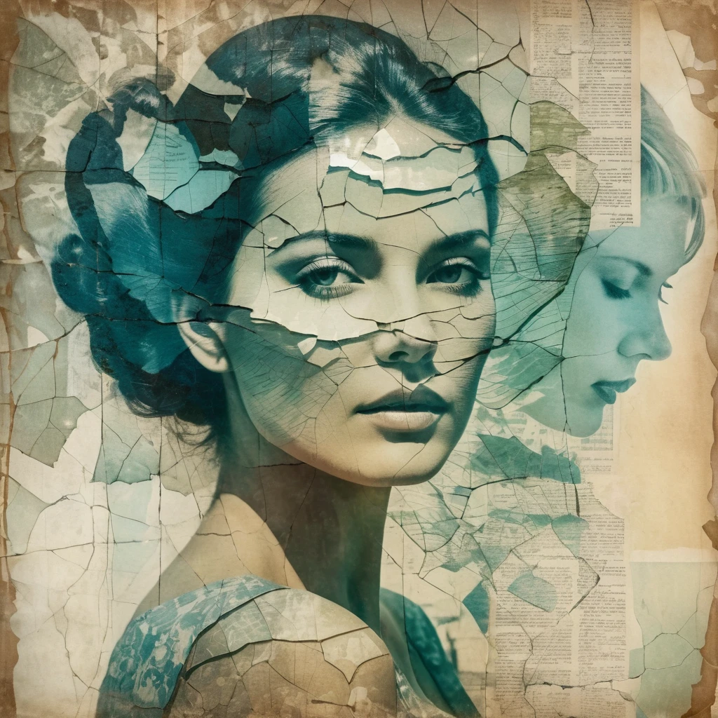 A beautiful woman, double exposure, surreal artwork, printed on cracked paper, artful, aesthetic, muted color scheme, unusual, vintage feel