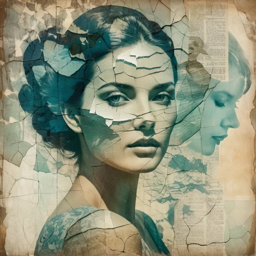 A beautiful woman, double exposure, surreal artwork, printed on cracked paper, artful, aesthetic, muted color scheme, unusual, vintage feel